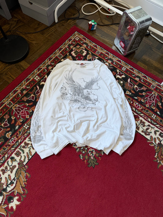 Harley Davidson Eagle Both Sleeves Flames White Long Sleeve Shirt Tee