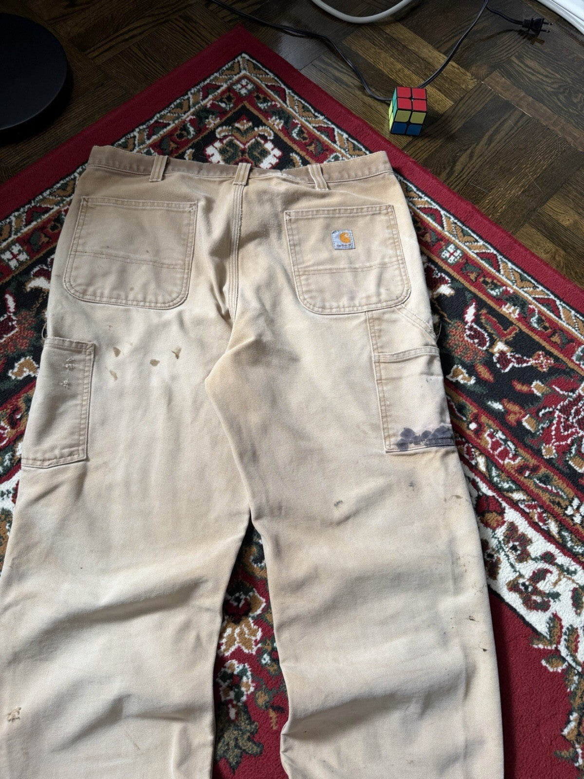 Carhartt Relaxed Fit Single Knee Pants Beige Thrashed Faded Size 36/36 Y2K