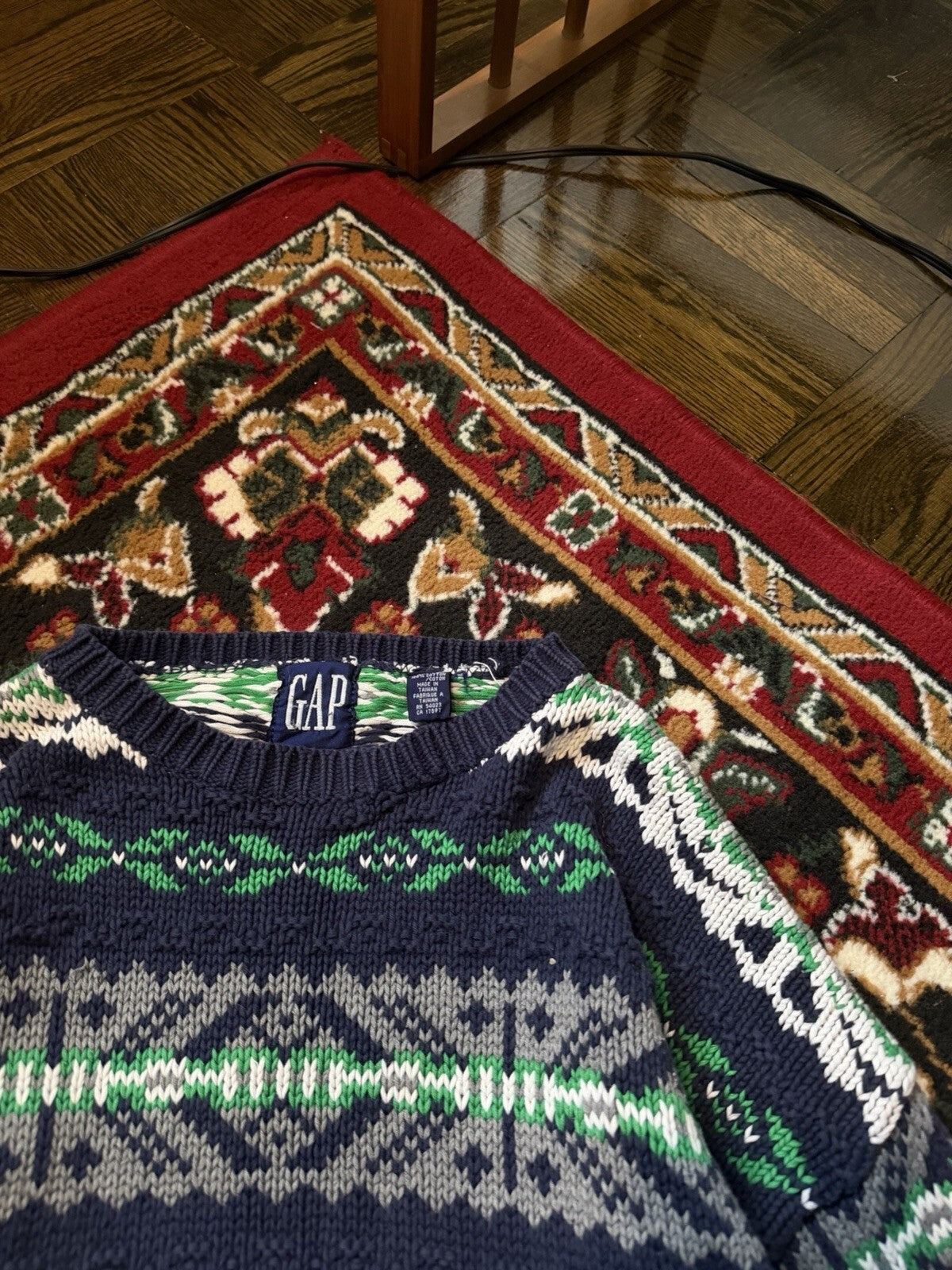 90s Gap Fair Isle Blue Grean Heavy Cotton Knit Sweater Size XL