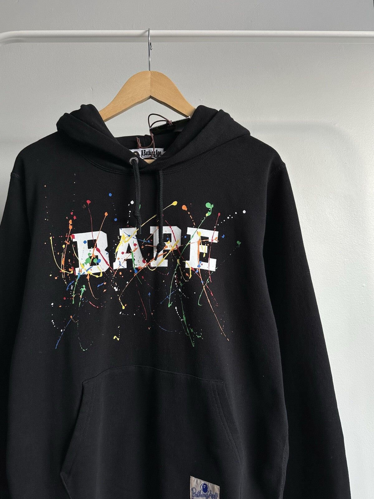 A BATHING APE BAPE PAINT SPLATTER PULLOVER HOODIE BLACK MULTICOLOR SZ L
