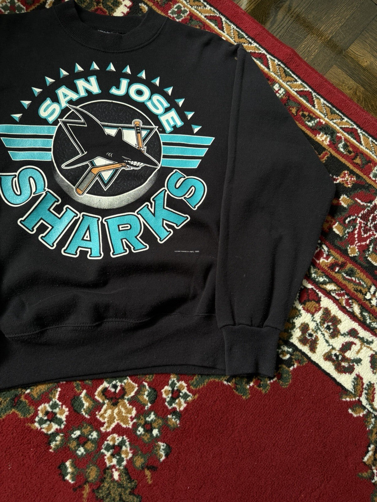 Vintage San Jose Sharks 1993 Men Sweatshirt Pullover Crew Bite Logo Hockey Sz M