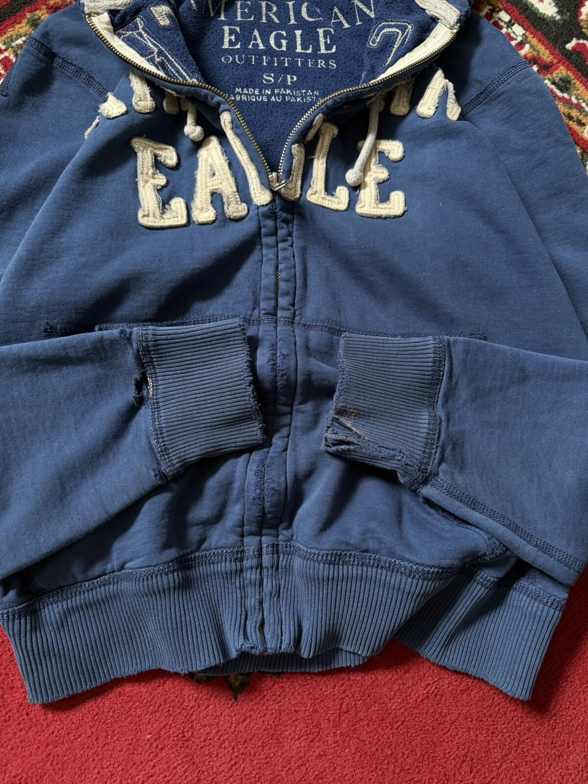 Vintage Y2K American Eagle Zip Hoodie Thermal Hood Distressed Mens Small Grunge