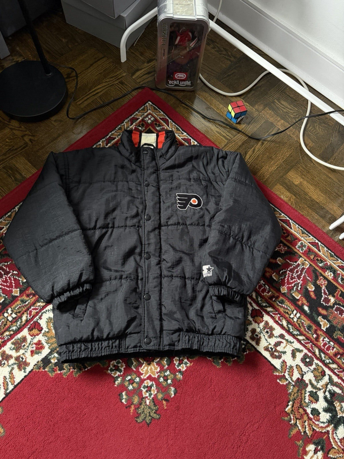Vintage 90s Starter Philadelphia Flyers NHL Puffer Jacket Black Orange