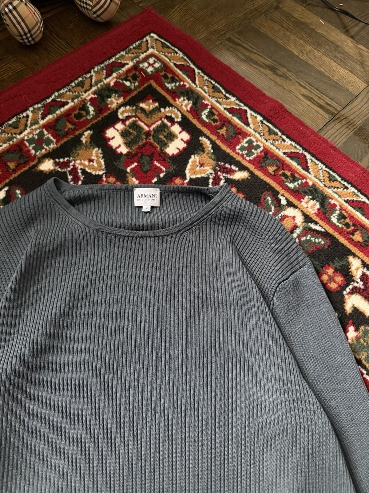 Vintage Armani Collezioni Ribbed Knit Crewneck Blue Sweater Silk Blend Size M