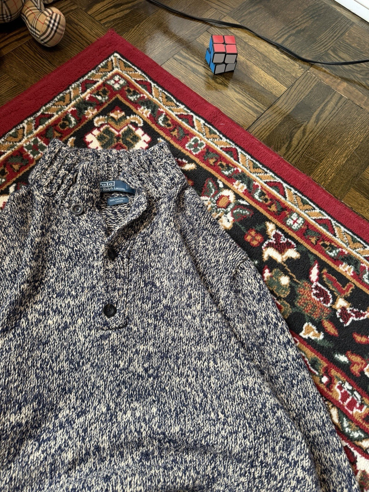 VTG Polo Ralph Lauren Mens Medium Shawl Collar Sweater Marled Blue Chunky Knit