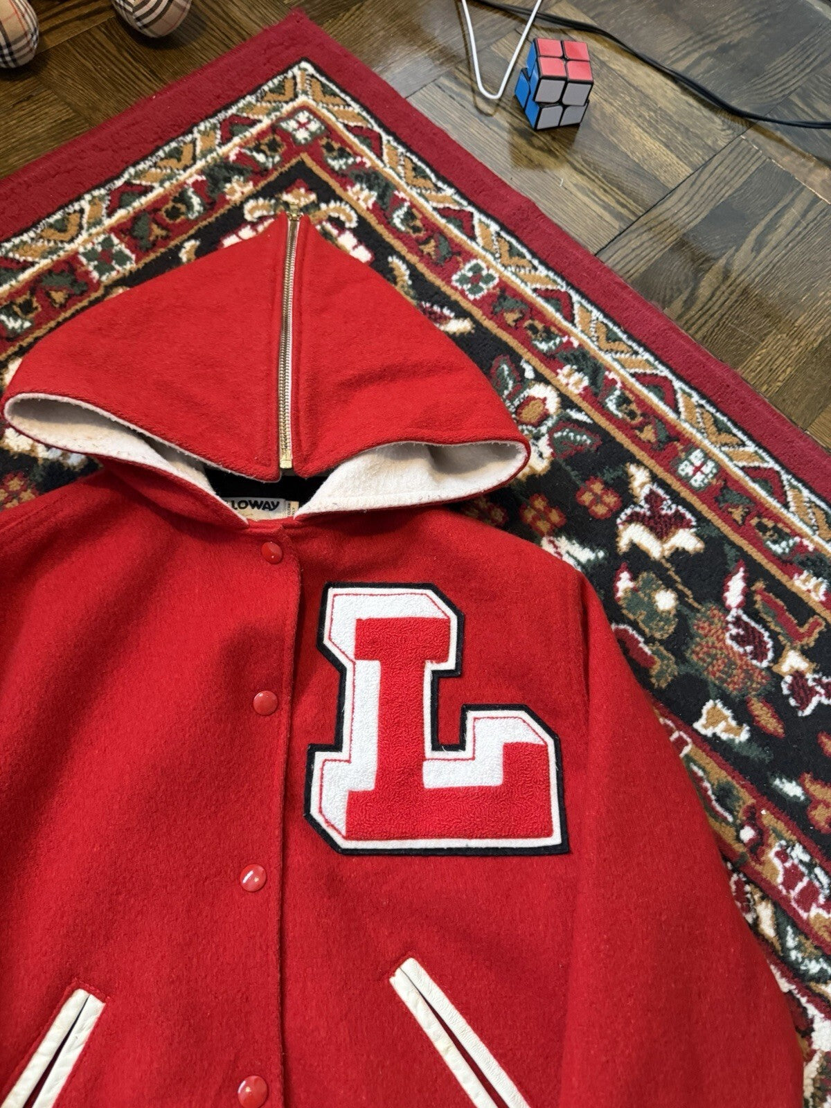 90s Holloway Varsity Letterman Wool Bomber Jacket Zip Hood Red Women’s Medium