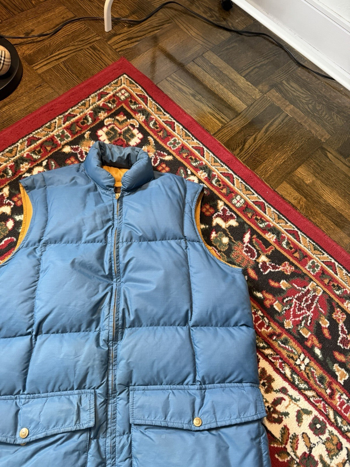 VTG 70s Eddie Bauer Goose Down Puffer Vest Blue Quilted Talon Zip Tan USA M