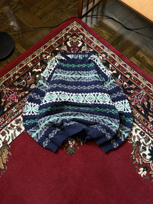 90s Gap Fair Isle Blue Grean Heavy Cotton Knit Sweater Size XL