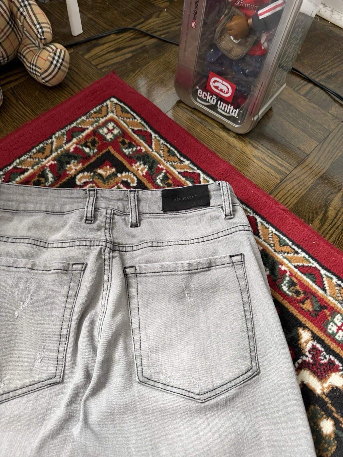 REPRESENT Distressed Slim Fit Jeans Flat Grey Size 34 Men's Repaired Denim Pants