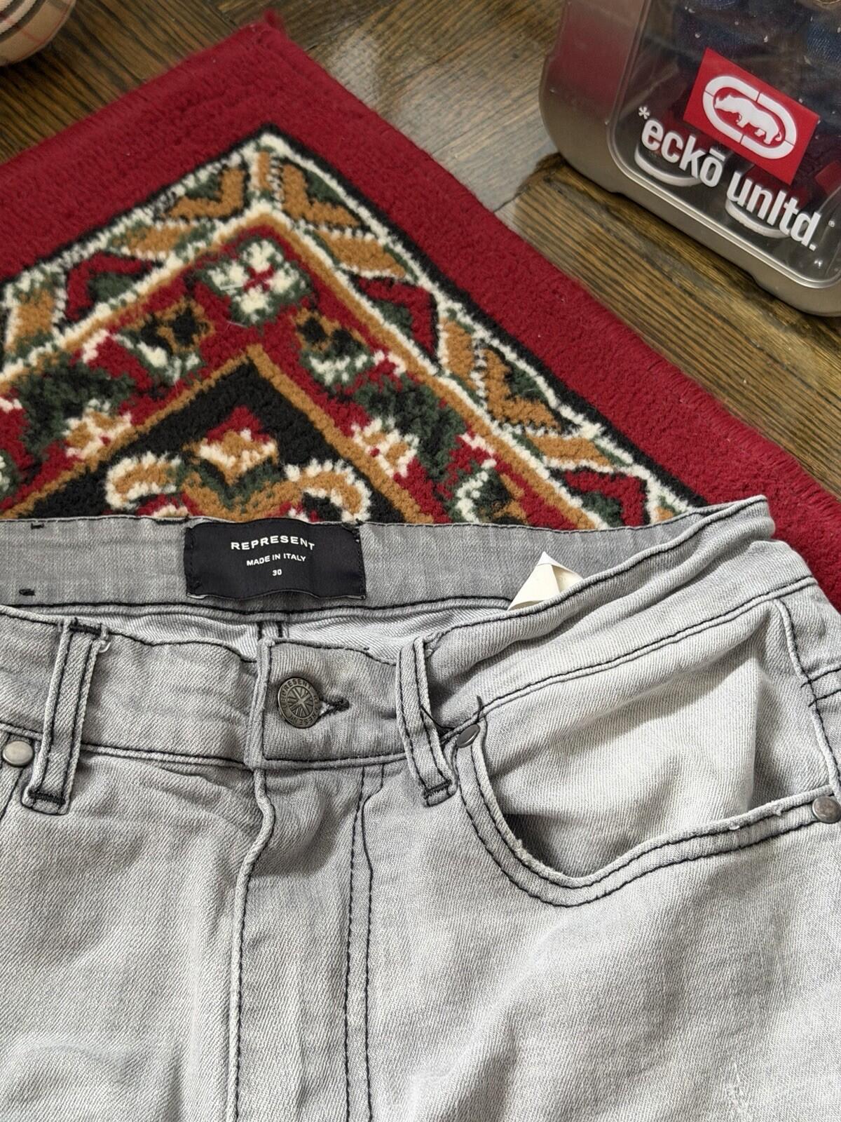 REPRESENT Distressed Slim Fit Jeans Flat Grey Size 34 Men's Repaired Denim Pants
