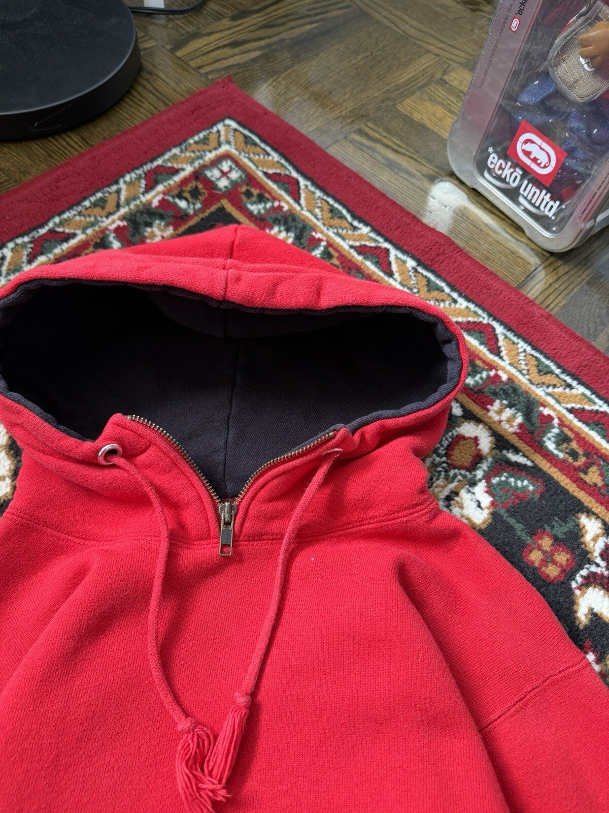 Vintage Champion Hoodie Small  80s 1/5 Zip Activewear Sweatshirt Red