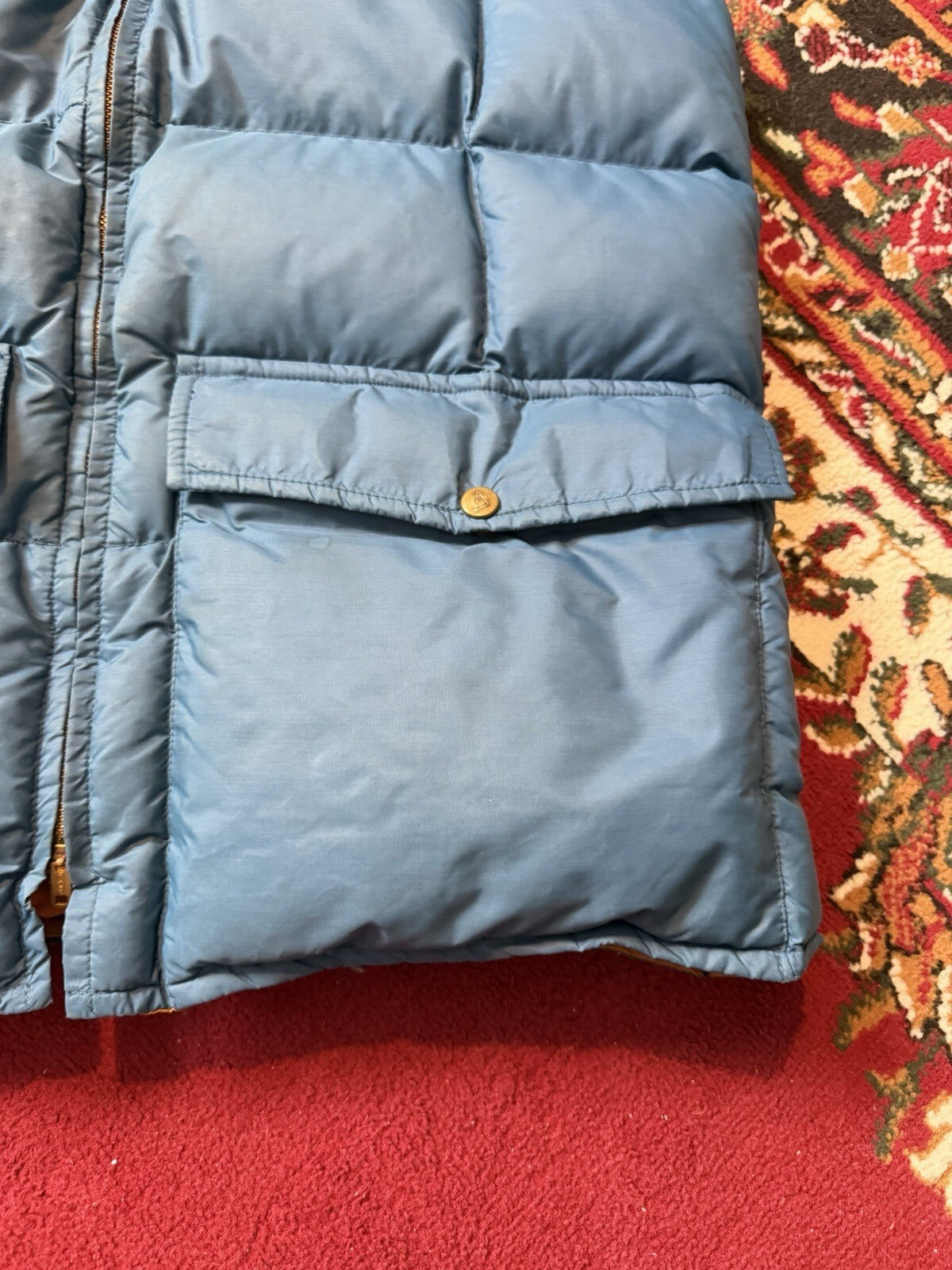 VTG 70s Eddie Bauer Goose Down Puffer Vest Blue Quilted Talon Zip Tan USA M
