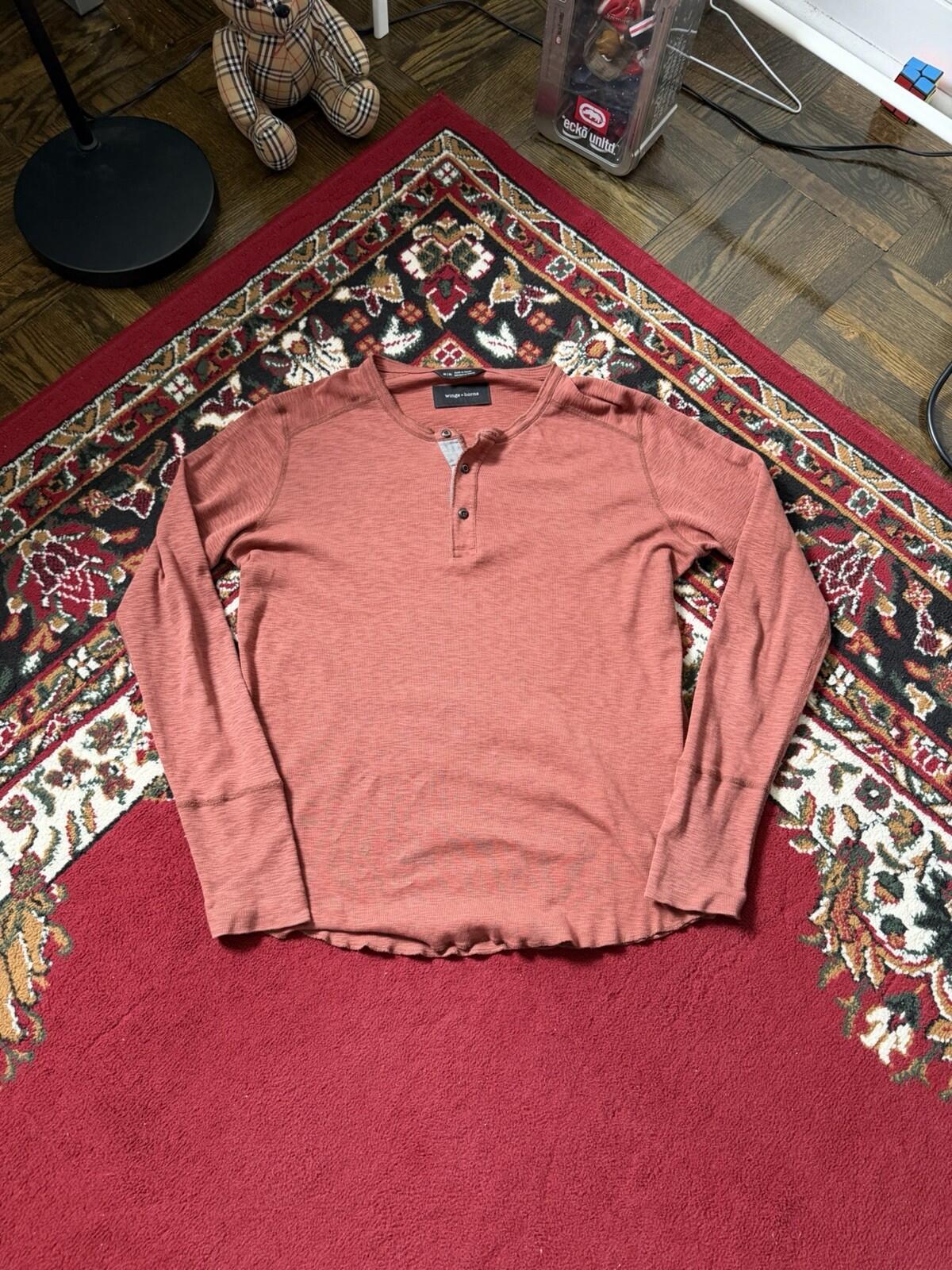 Wings + Horns Shirt Mens Medium Coral Henley Crewneck Long Sleeve Sweater