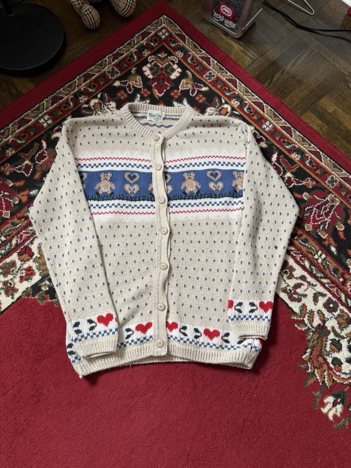 Vintage Cottage Cove Teddy Bear Knit Cardigan Sweater Size S Beige
