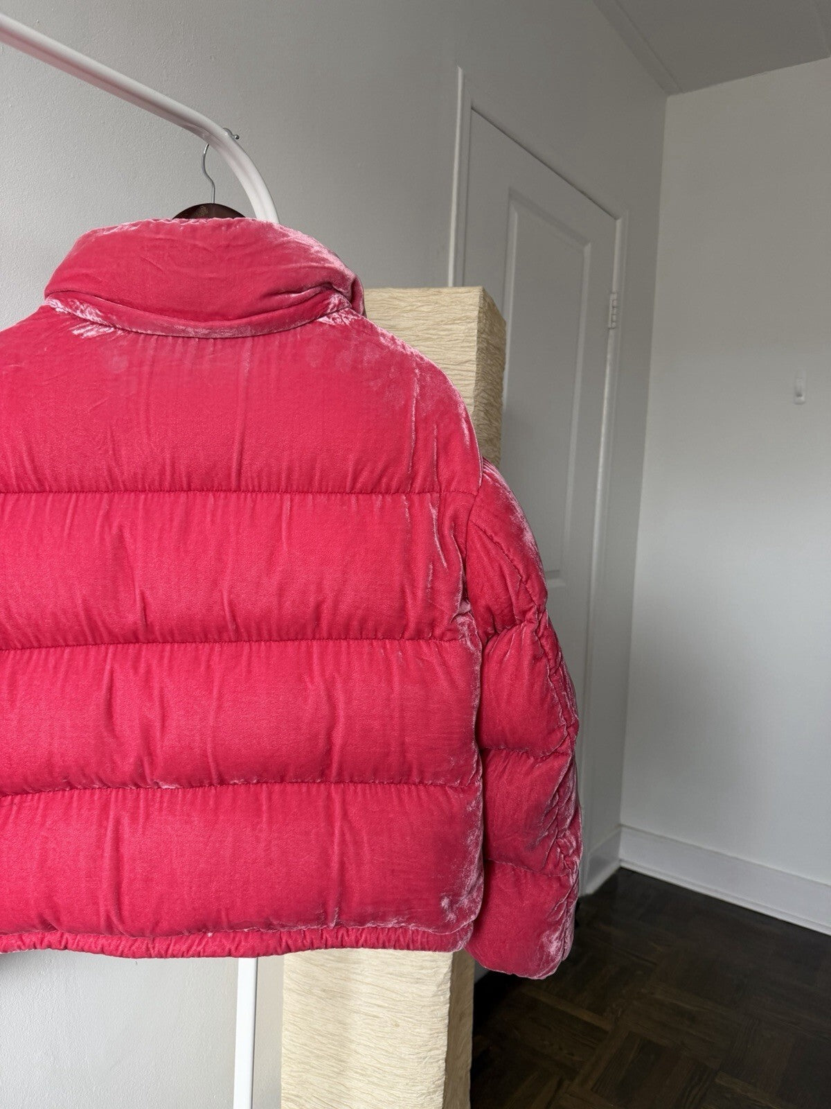 Moncler Fuchsia Caille Velvet Puffer Jacket Coat Womens 0 Pink