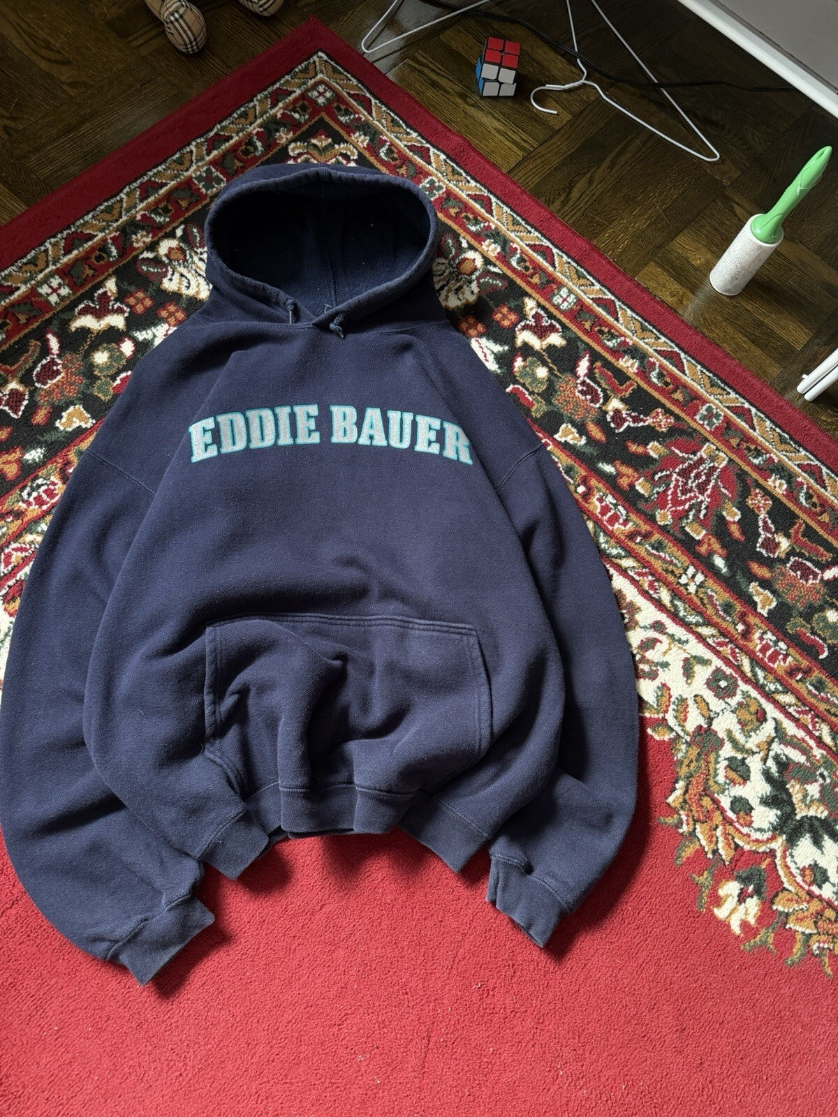 Vintage Eddie Bauer Distressed Spell Out Heavyweight Hoodie Blue