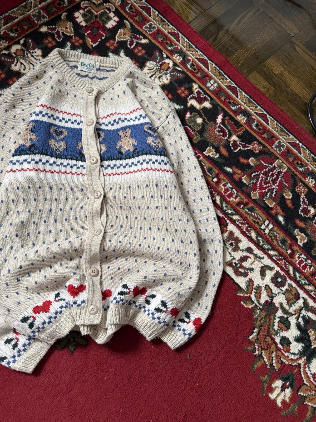 Vintage Cottage Cove Teddy Bear Knit Cardigan Sweater Size S Beige