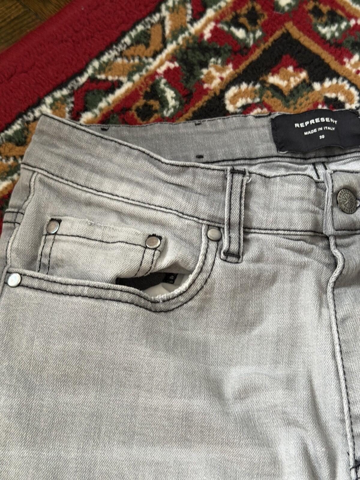 REPRESENT Distressed Slim Fit Jeans Flat Grey Size 34 Men's Repaired Denim Pants