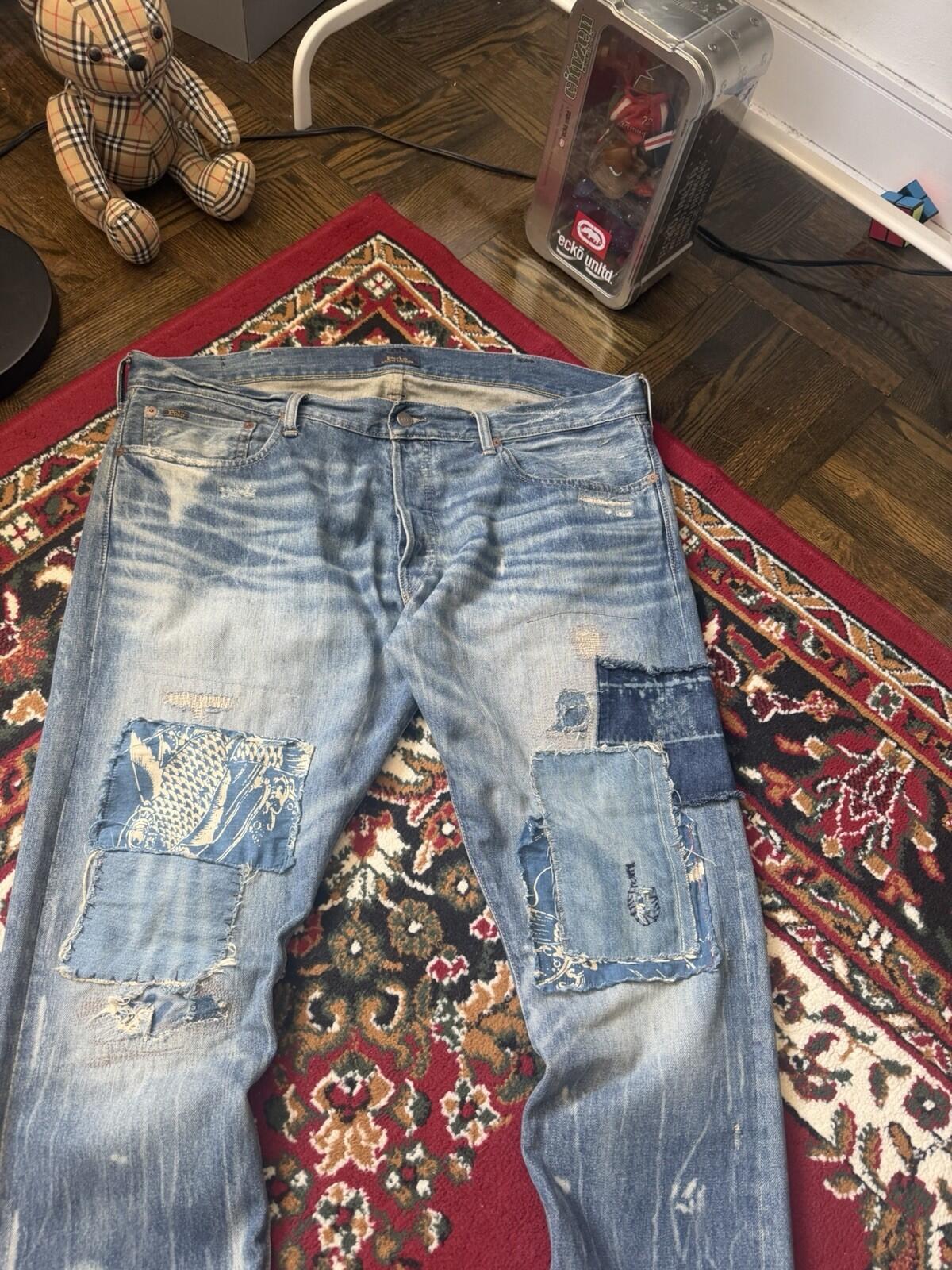Polo Ralph Lauren Fish Patchwork Jeans Repaired Distressed Denim Size 38/30