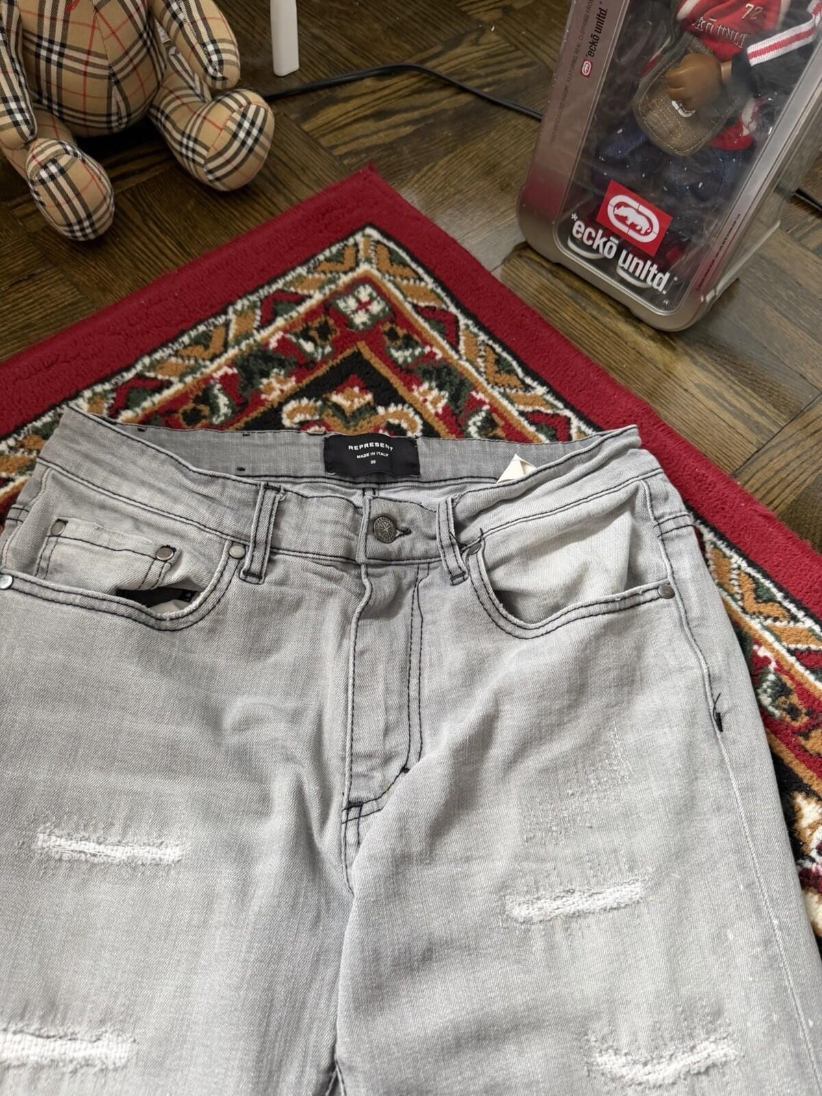 REPRESENT Distressed Slim Fit Jeans Flat Grey Size 34 Men's Repaired Denim Pants