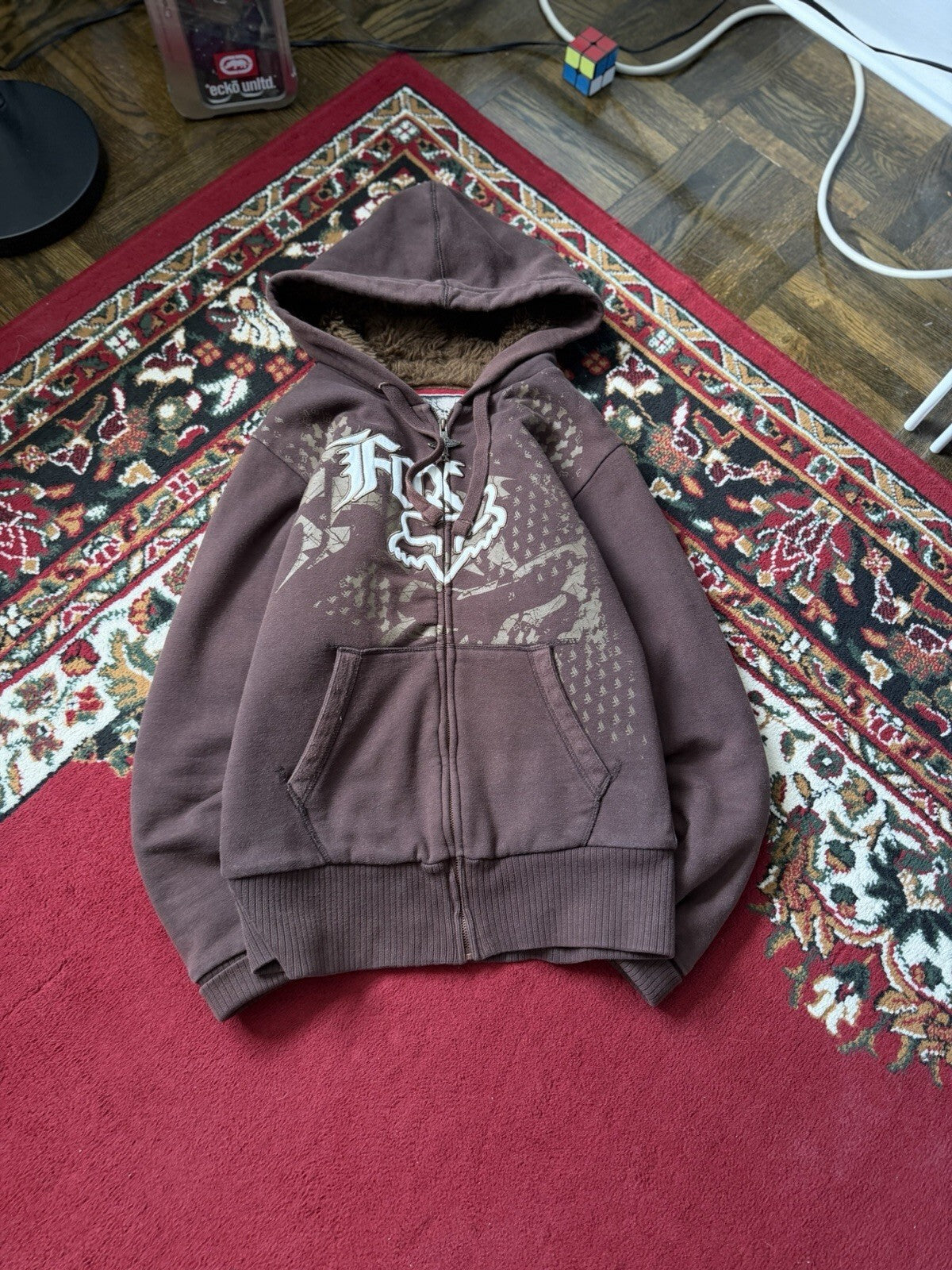 Vtg Y2K Fox Racing Sasquatch Fur Lined Full Zip Hoodie Small Mocha Brown Jacket