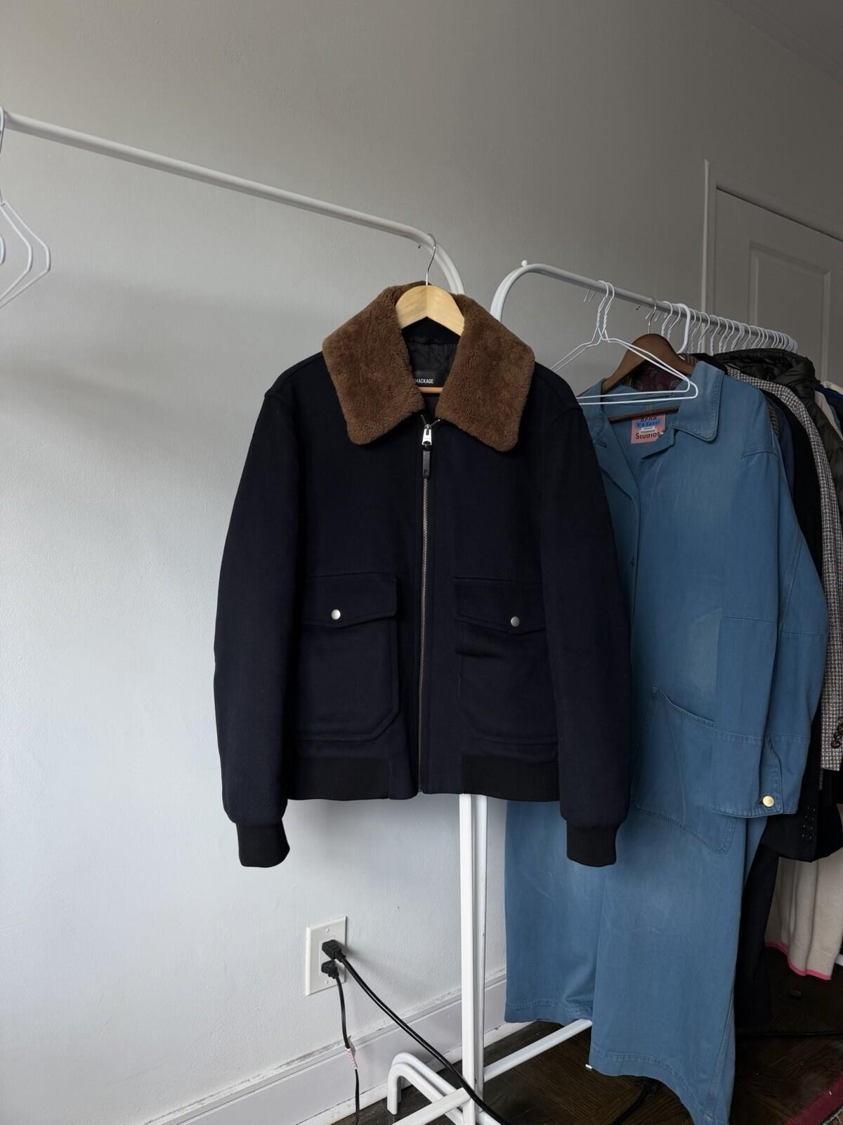 MACKAGE Theo Wool Cashmere Shearling Jacket Real Sheepskin Fur Navy Blue Coat
