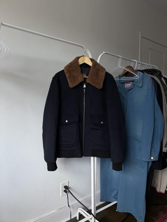 MACKAGE Theo Wool Cashmere Shearling Jacket Real Sheepskin Fur Navy Blue Coat