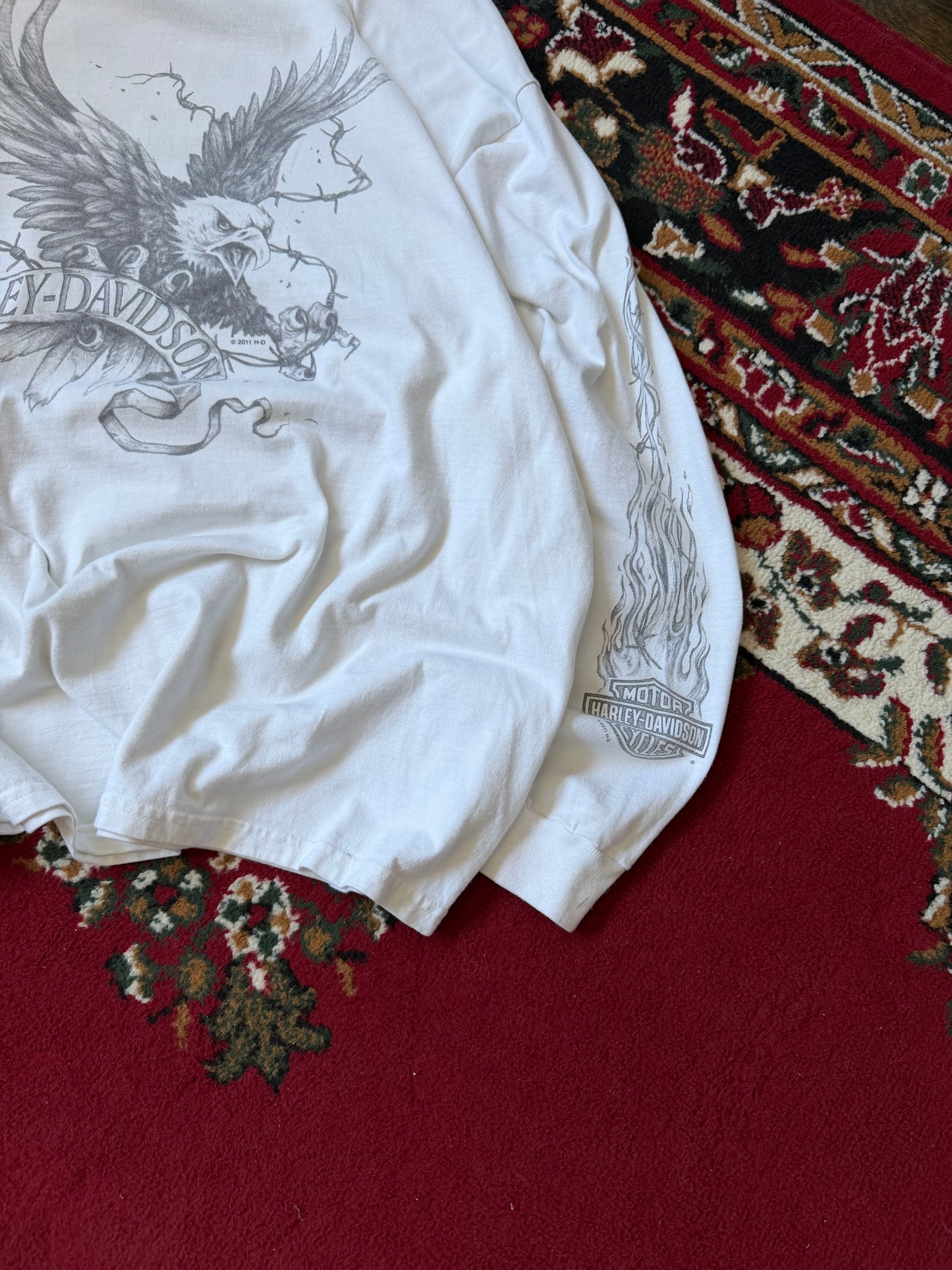 Harley Davidson Eagle Both Sleeves Flames White Long Sleeve Shirt Tee