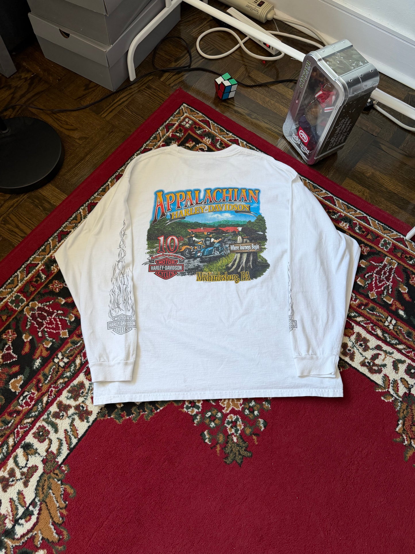 Harley Davidson Eagle Both Sleeves Flames White Long Sleeve Shirt Tee