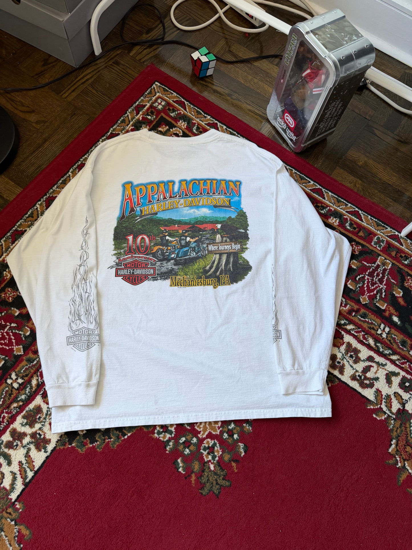 Harley Davidson Eagle Both Sleeves Flames White Long Sleeve Shirt Tee