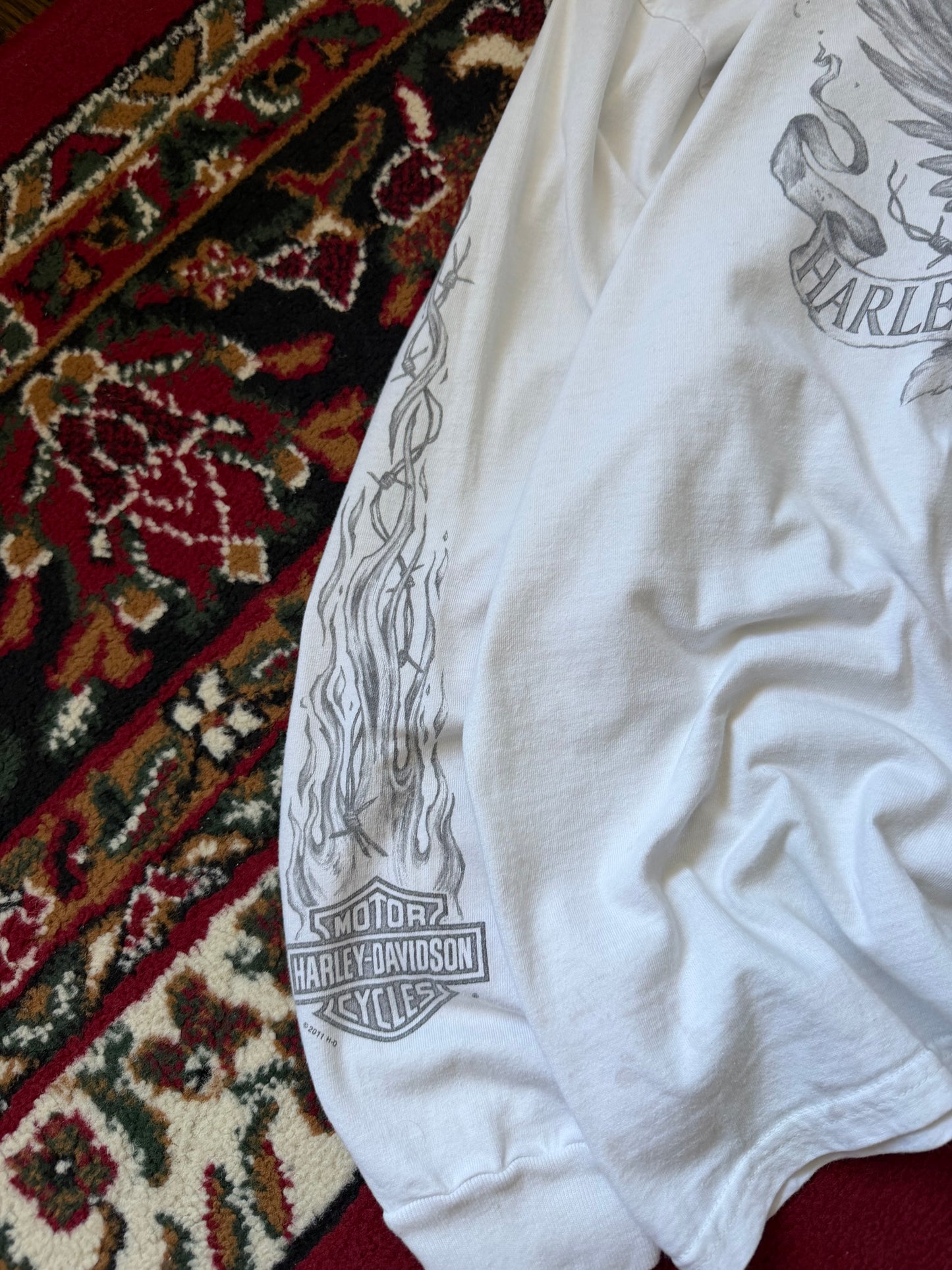 Harley Davidson Eagle Both Sleeves Flames White Long Sleeve Shirt Tee