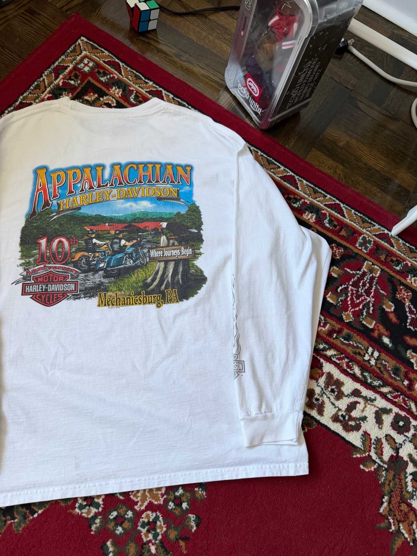 Harley Davidson Eagle Both Sleeves Flames White Long Sleeve Shirt Tee