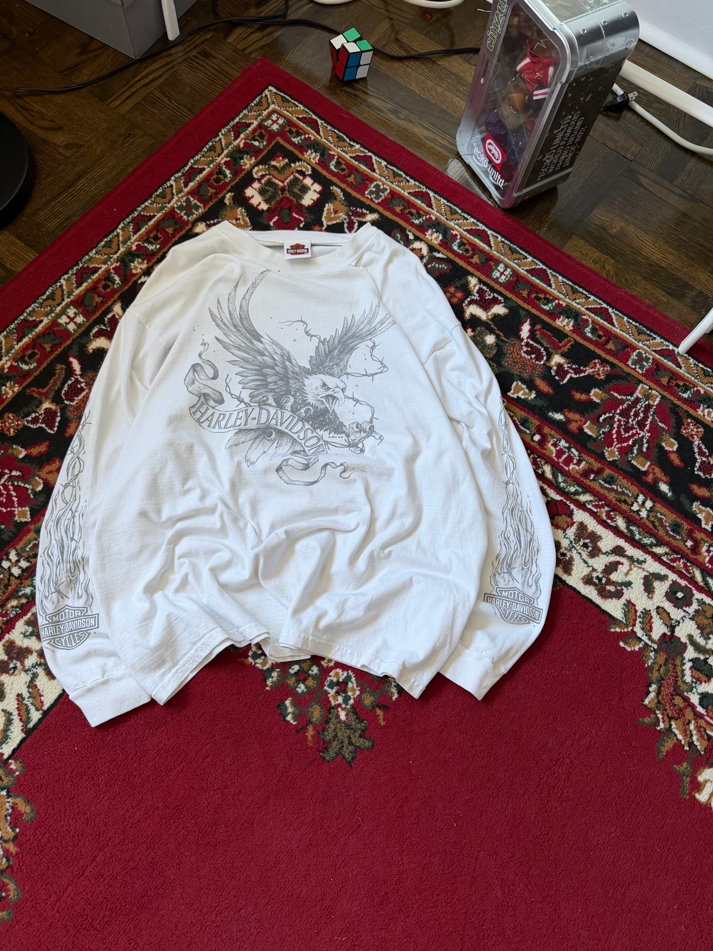 Harley Davidson Eagle Both Sleeves Flames White Long Sleeve Shirt Tee