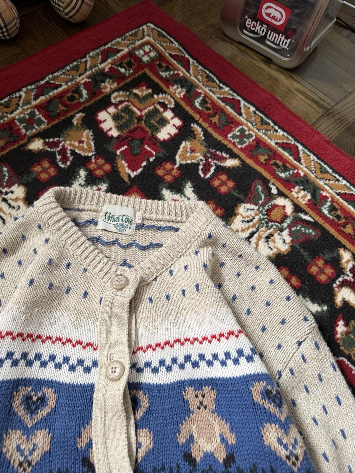 Vintage Cottage Cove Teddy Bear Knit Cardigan Sweater Size S Beige