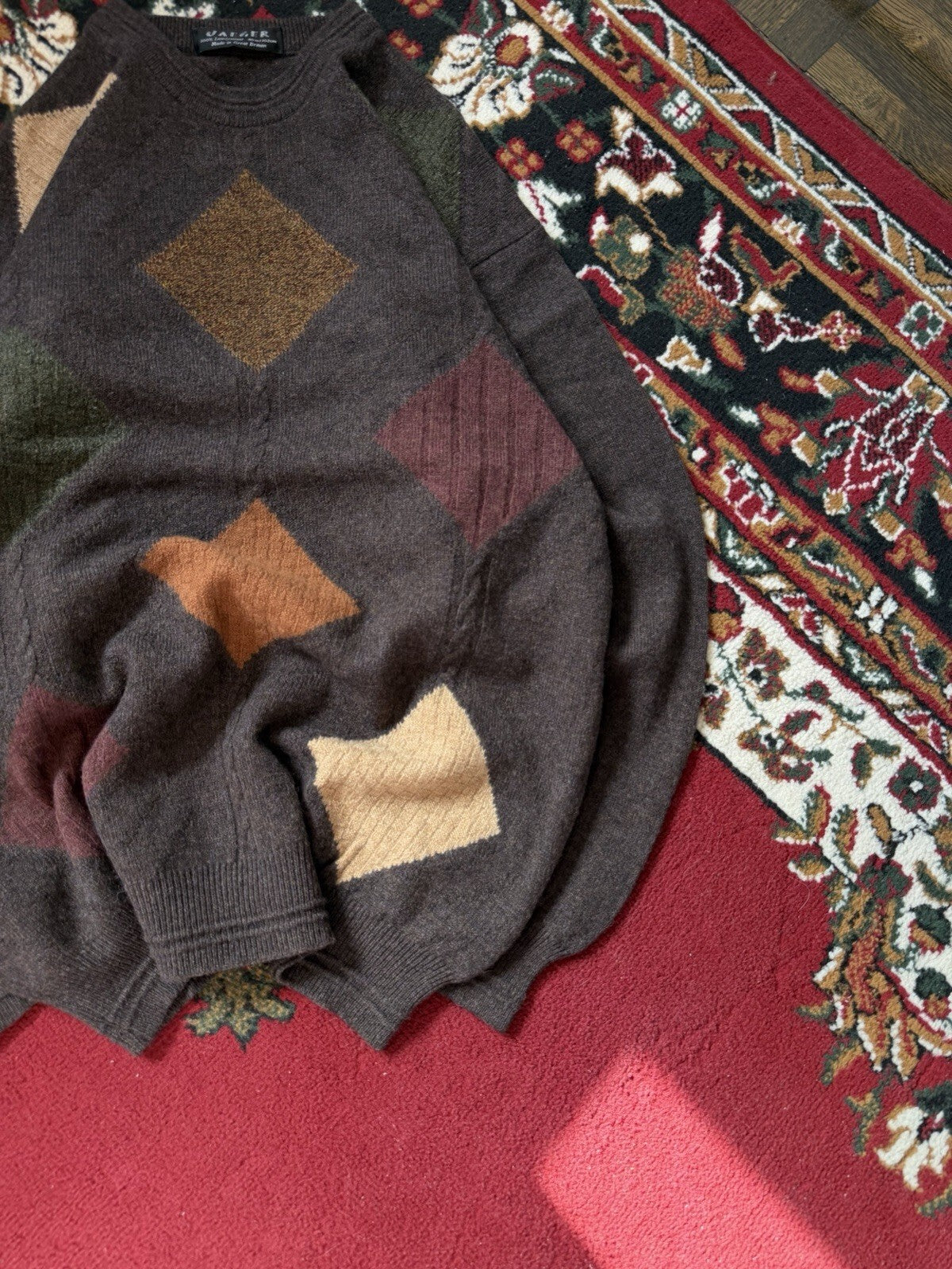 Jaeger Men’s Sweater Geometric Colorblock 100% Lambswool Made in Great Britain