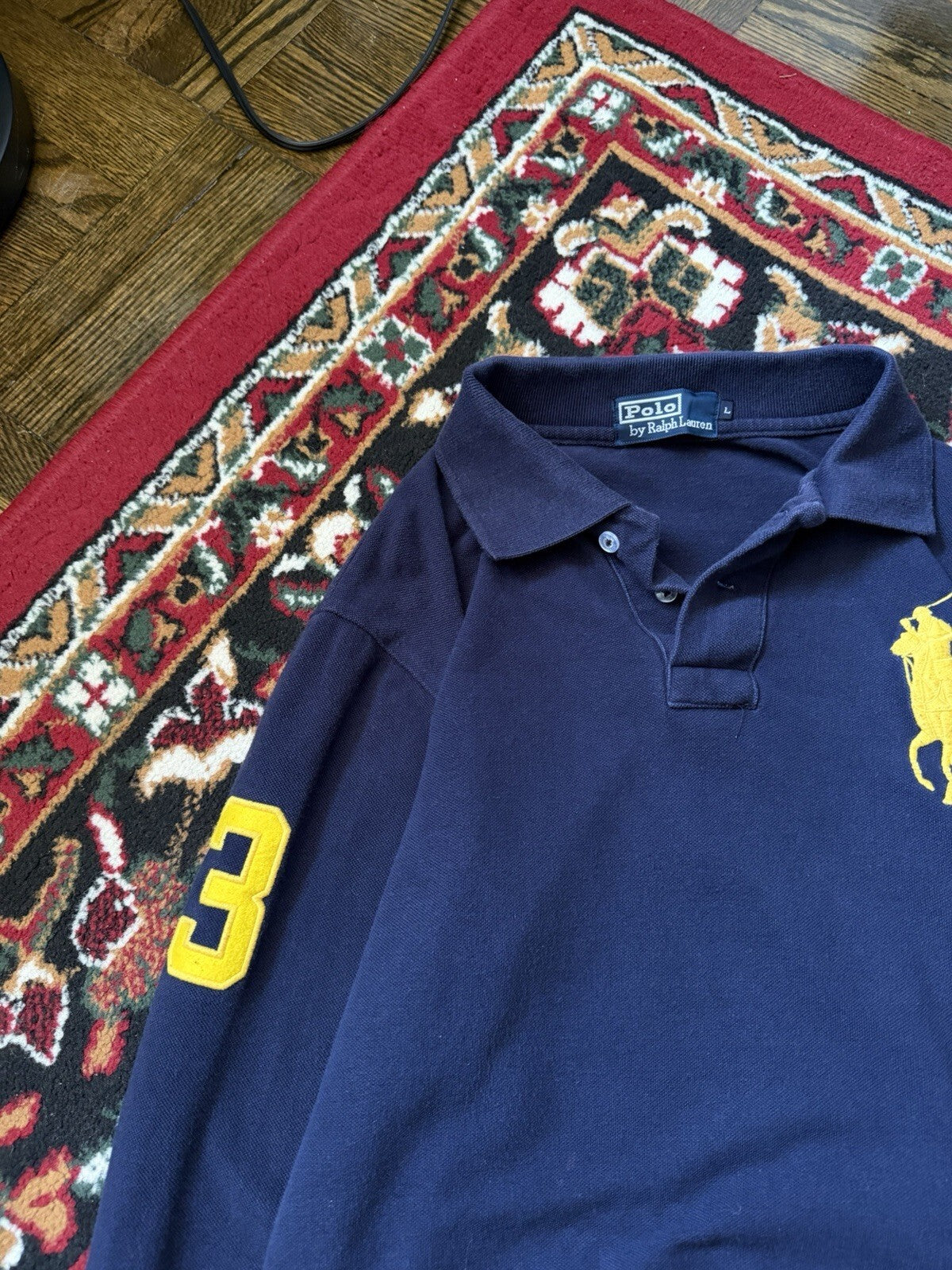 Vintage Polo Ralph Lauren Men Big Pony #3 Rugby Polo Long Sleeve Navy (Sz L) USA
