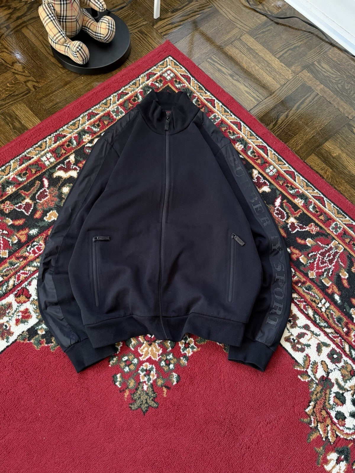 Burberry Sport Black Zip Up Sweater Mesh Logo On Sleeve Size L