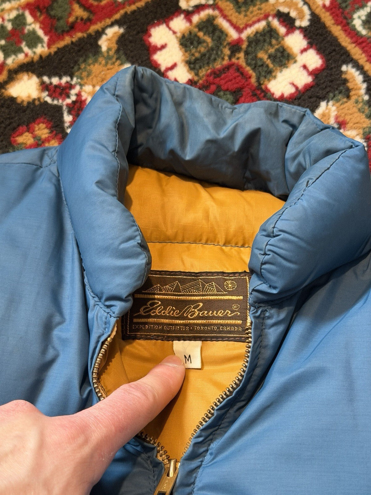 VTG 70s Eddie Bauer Goose Down Puffer Vest Blue Quilted Talon Zip Tan USA M