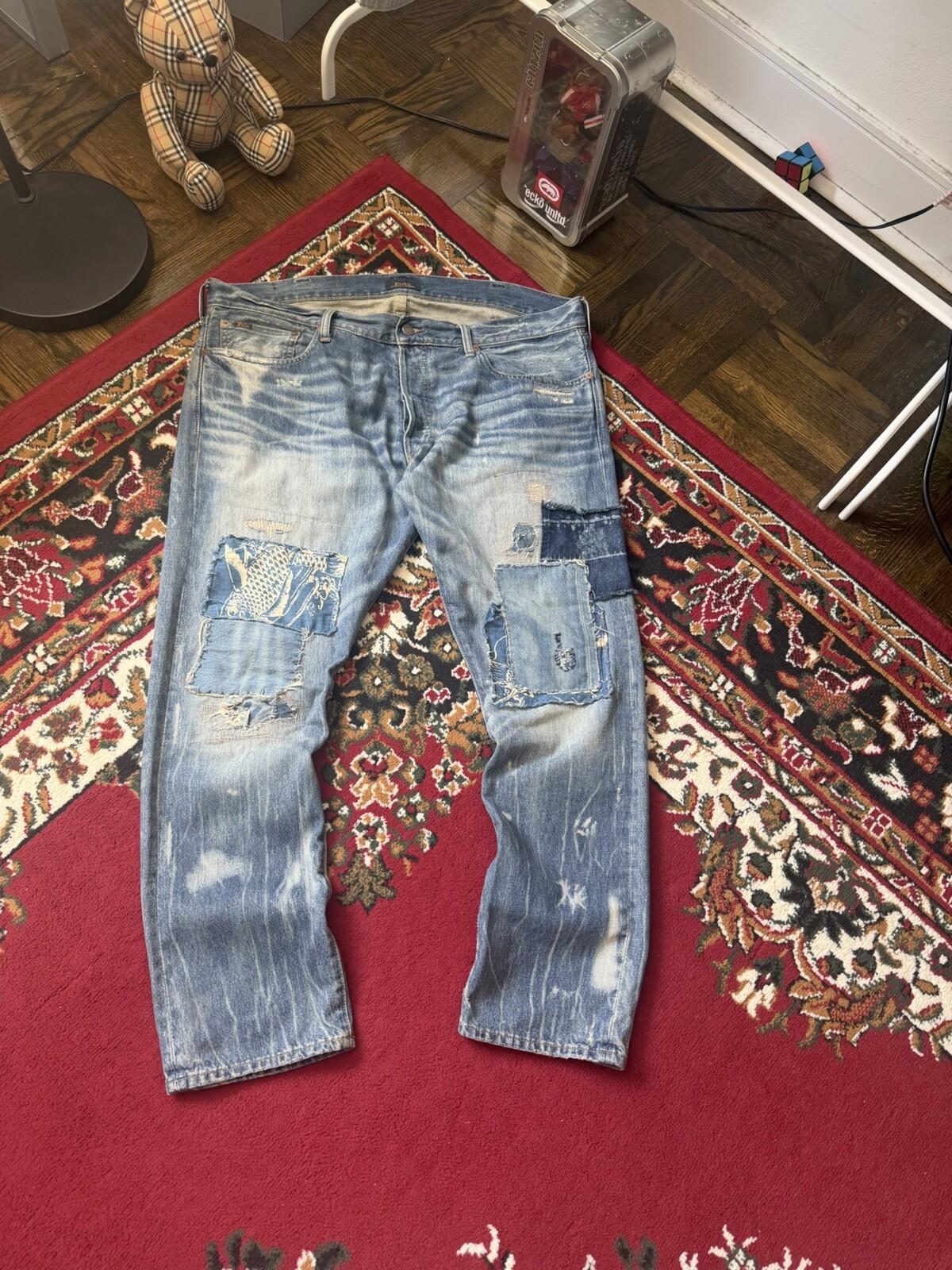 Polo Ralph Lauren Fish Patchwork Jeans Repaired Distressed Denim Size 38/30