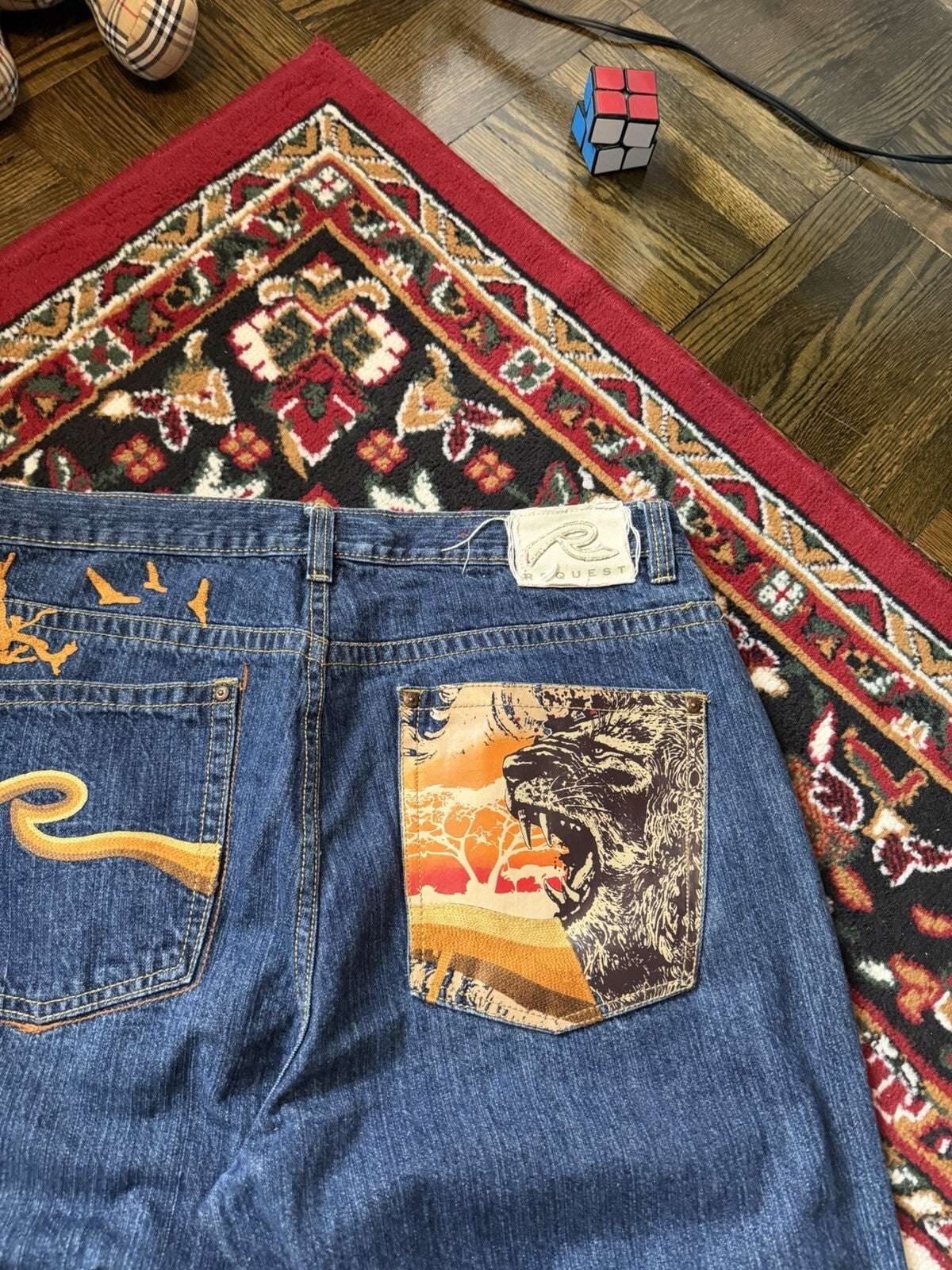 Vintage Request Lion Print Jeans Men 38/32 Blue Denim Embroidered Y2K 90s Skater