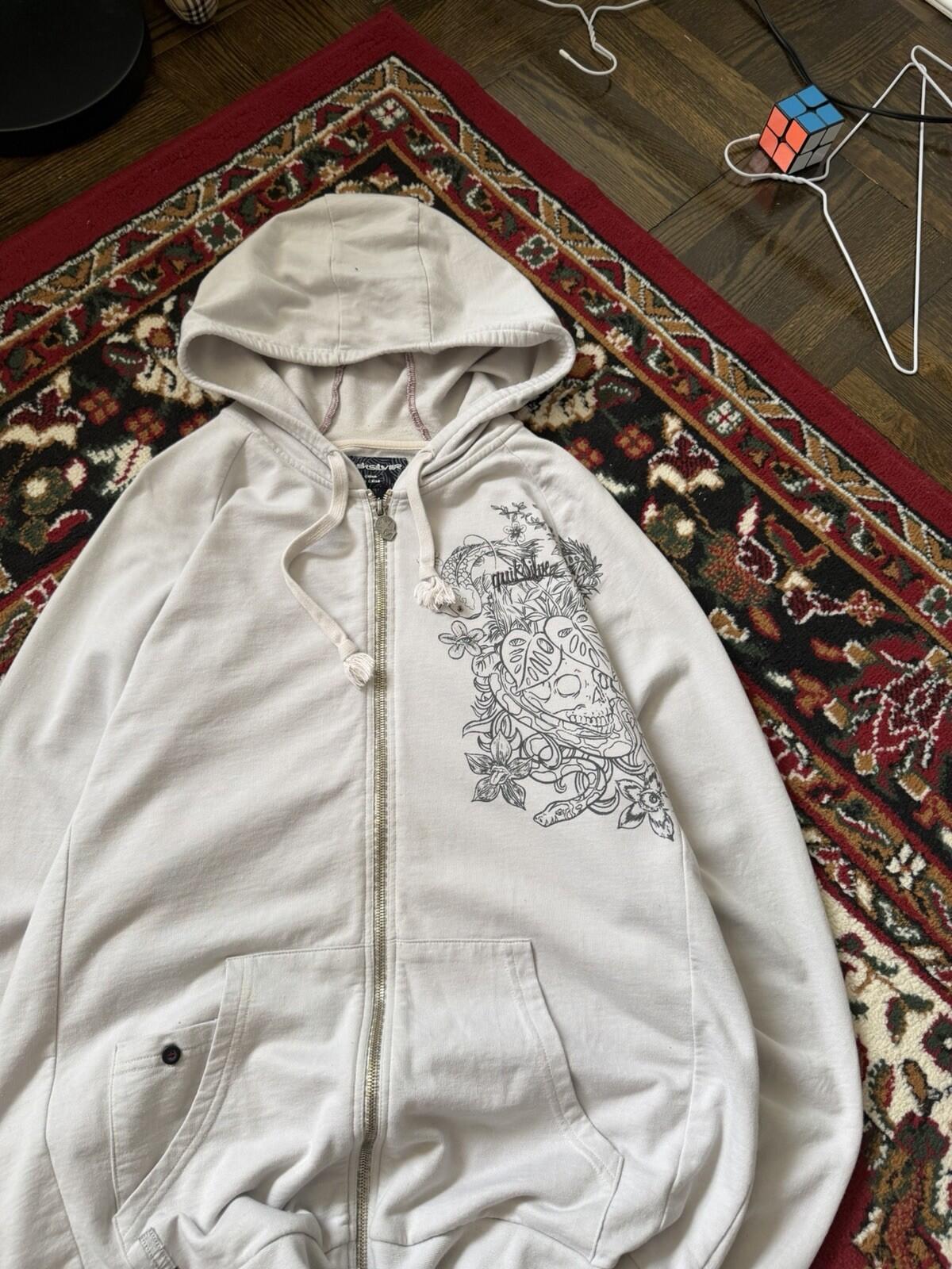 Vintage Quiksilver Skull/Koi Fish Surf Y2K White Hoodie Size Large Rare