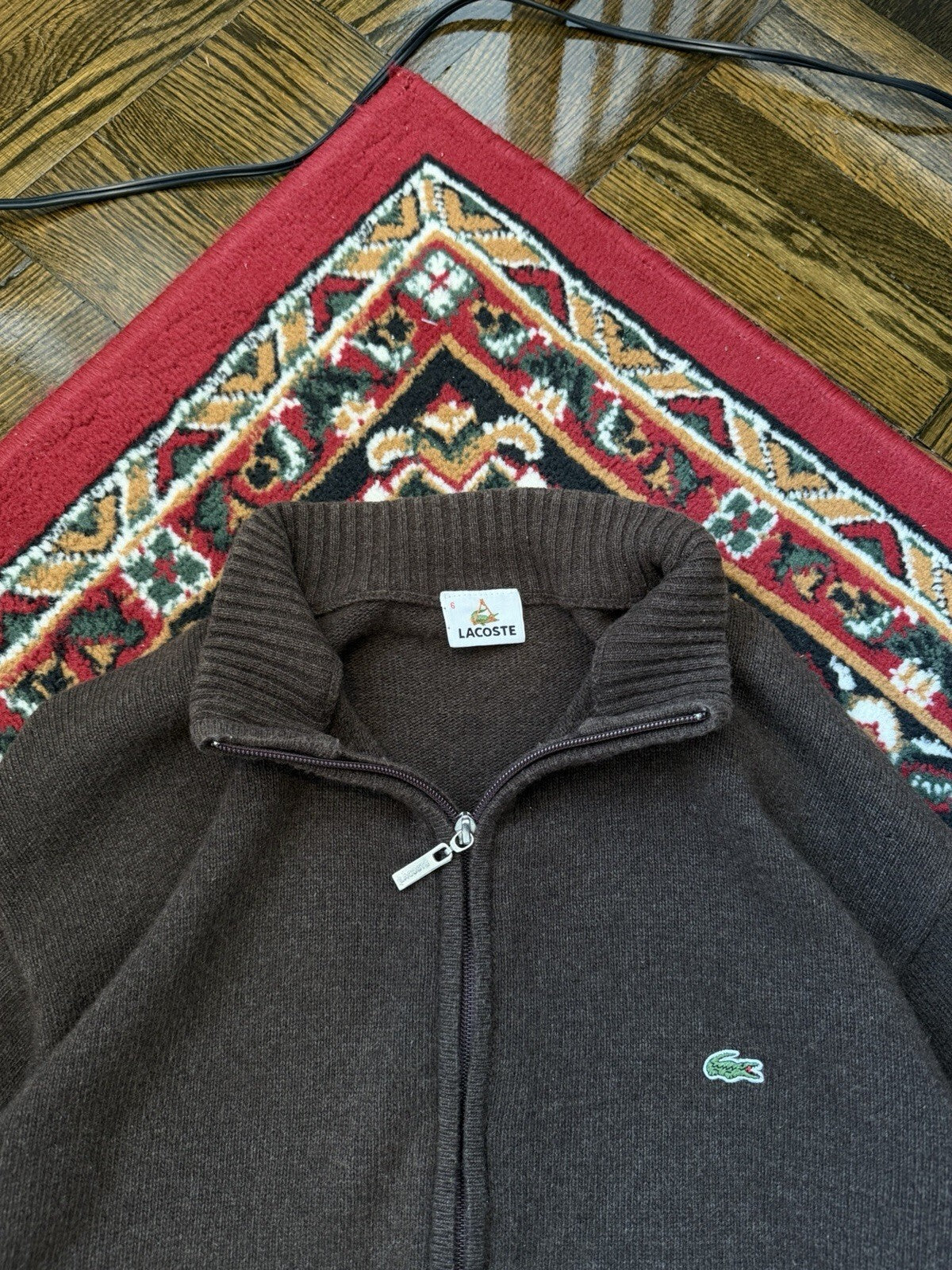 90s Lacoste Vintage Wool Mocha Brown Knit Full Zip Sweater Mens XL