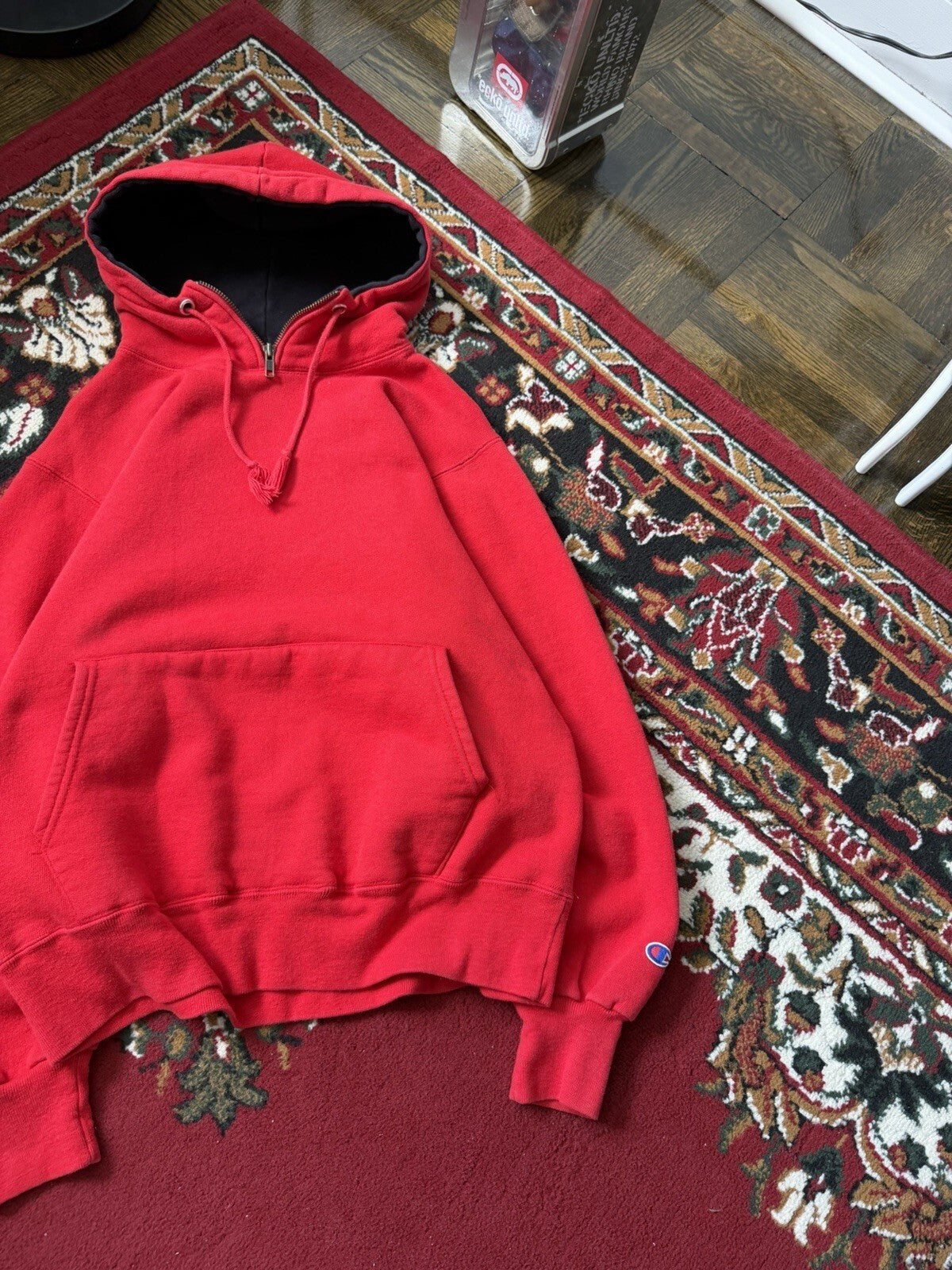 Vintage Champion Hoodie Small  80s 1/5 Zip Activewear Sweatshirt Red