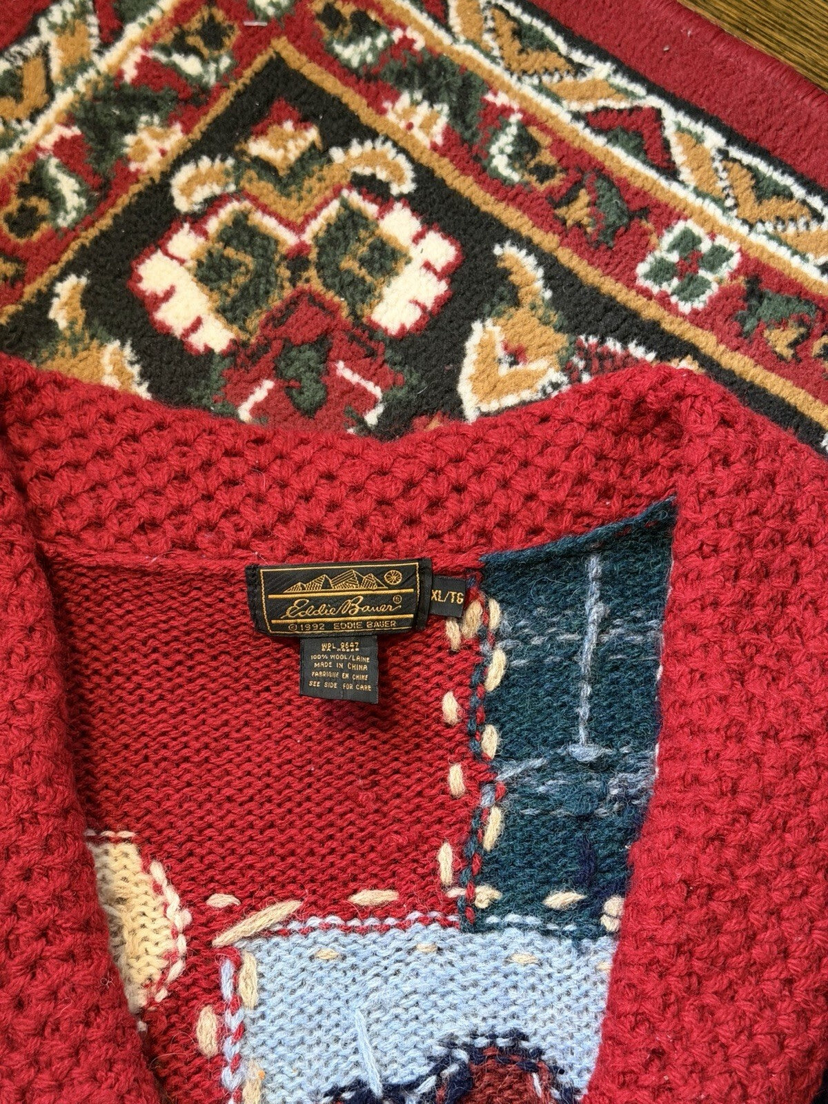 Vintage Eddie Bauer Sweater Vest Mens XL Wool Knit Patriotic Patchwork 90s USA