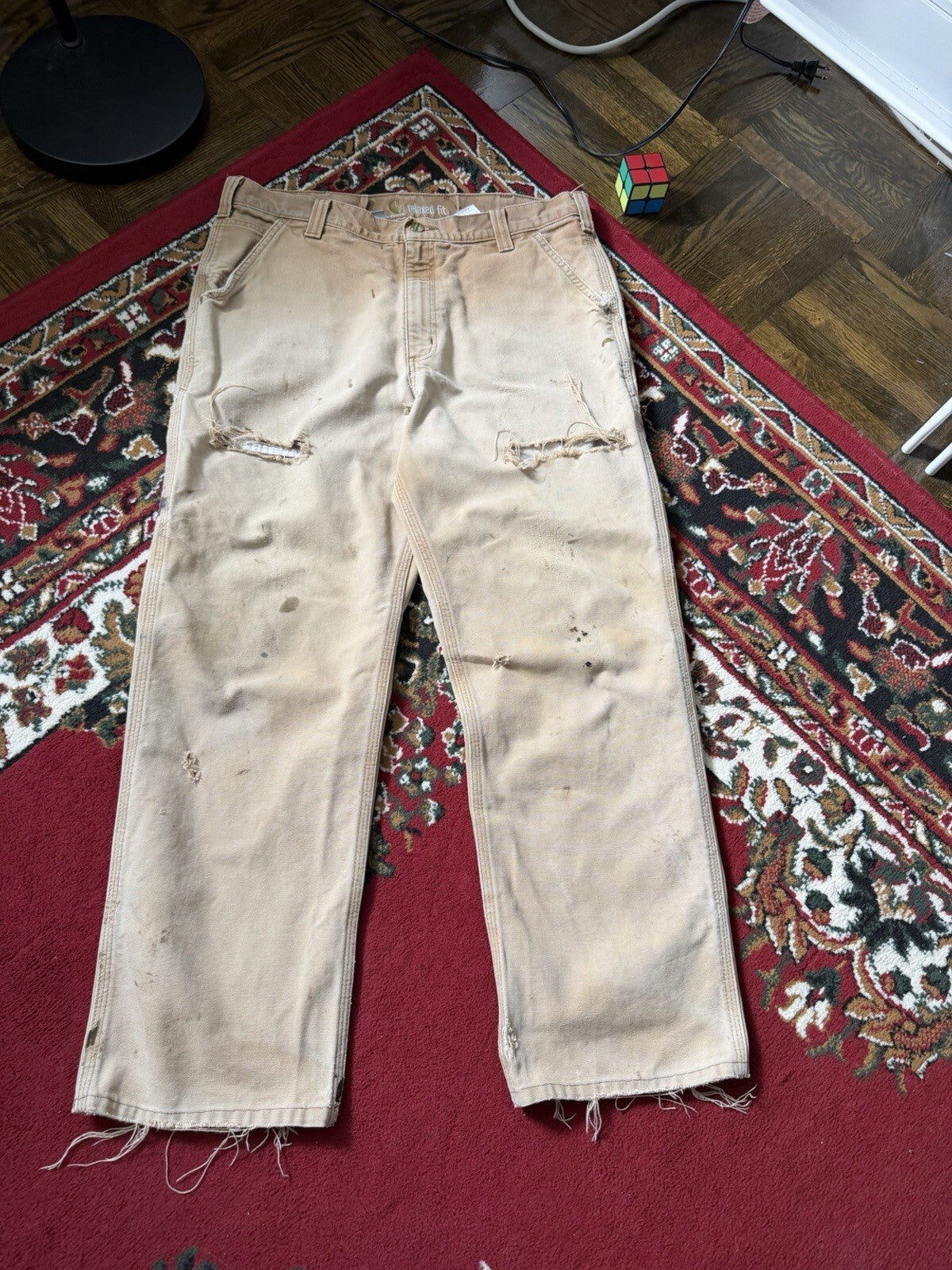 Carhartt Relaxed Fit Single Knee Pants Beige Thrashed Faded Size 36/36 Y2K