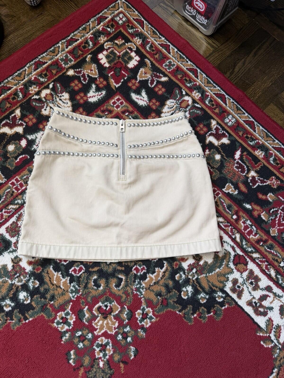 Coach Bleached Denim Mini Skirt Tan White Studded Rivets Pockets Size 0