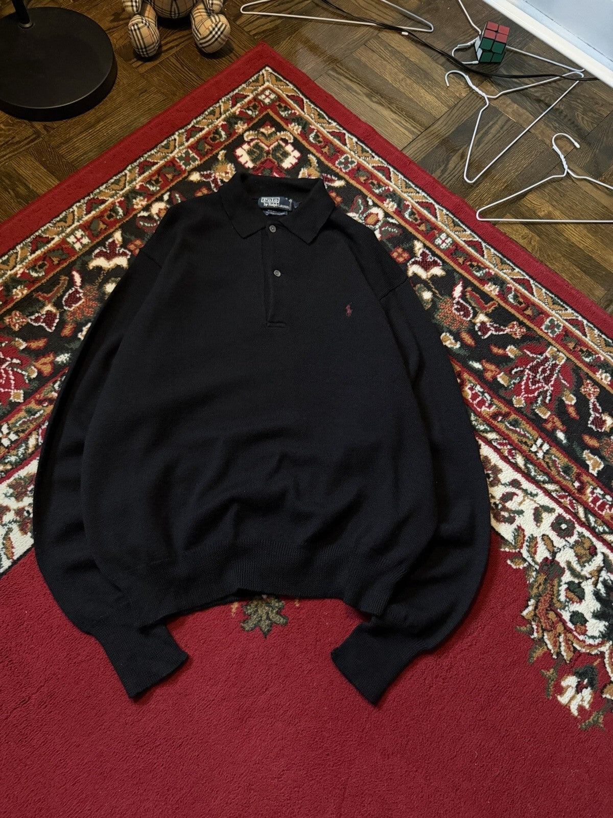 Polo Ralph Lauren Wool Long Sleeve Polo Collared Sweater Black Size L