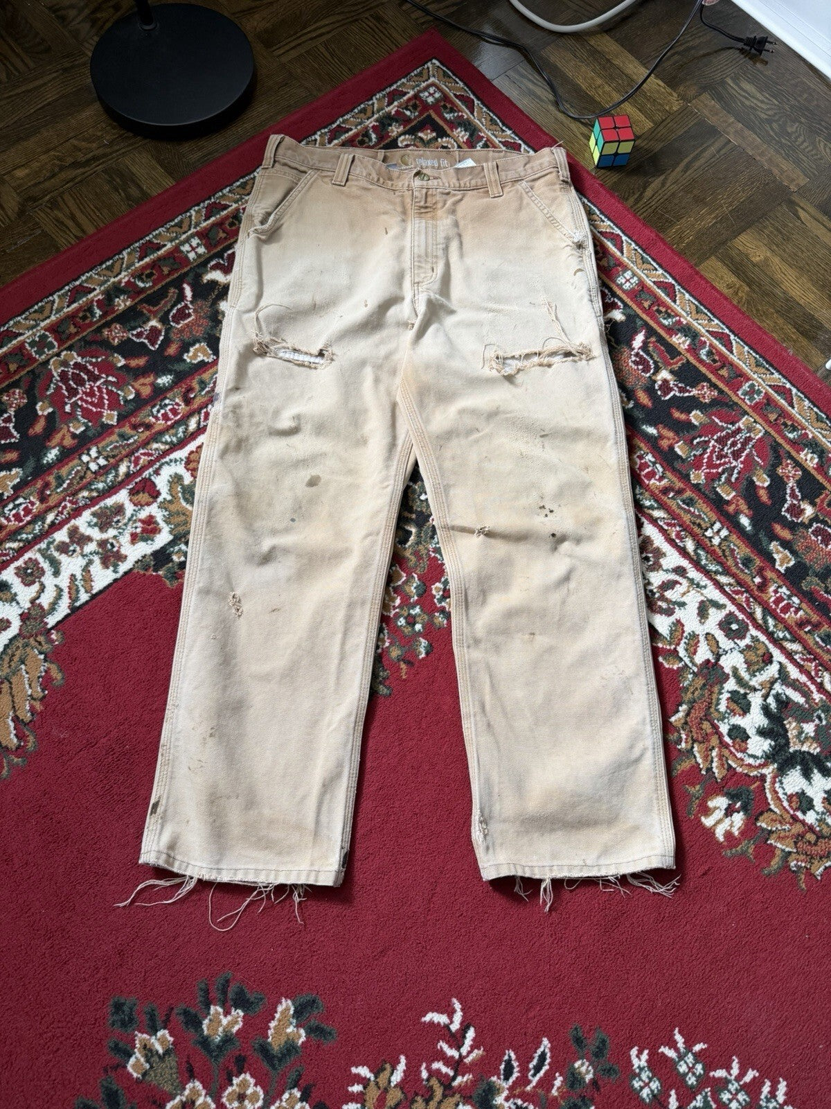 Carhartt Relaxed Fit Single Knee Pants Beige Thrashed Faded Size 36/36 Y2K