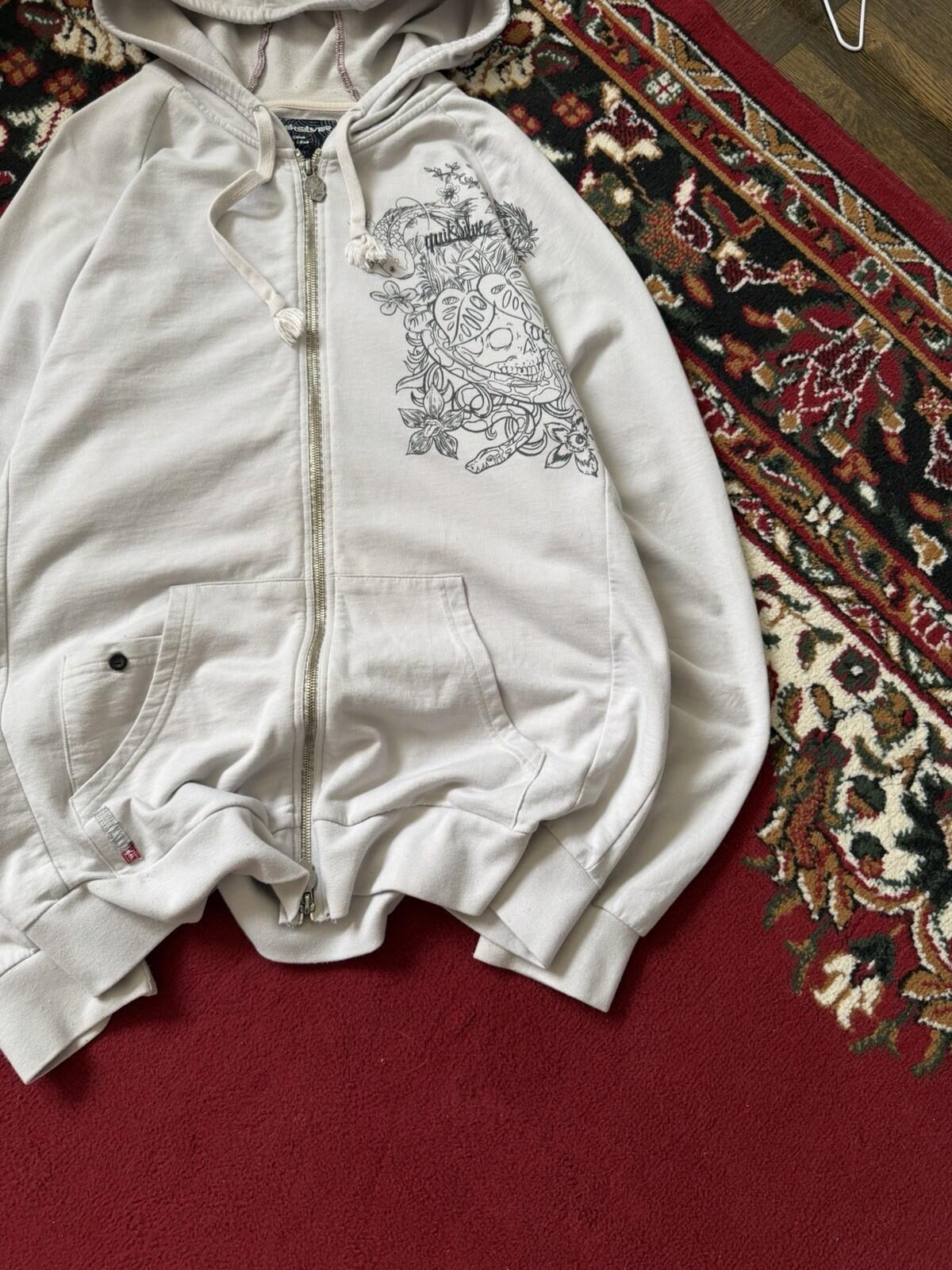 Vintage Quiksilver Skull/Koi Fish Surf Y2K White Hoodie Size Large Rare