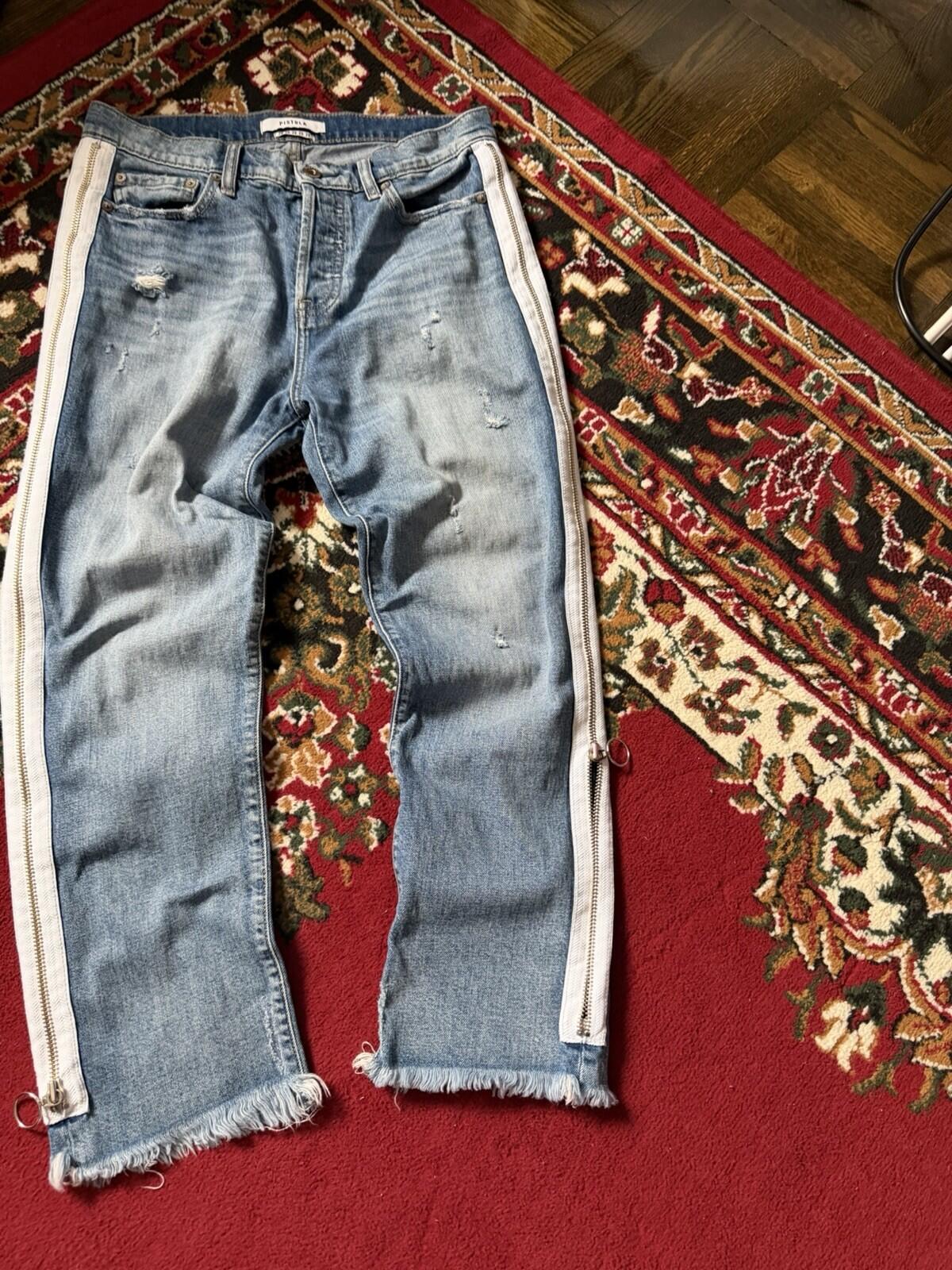 Pistola Women's Straight Zipped Distressed Denim Jeans Blue Pants Size 28